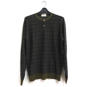 HnTh514071 ジョンスメドレー　ニット長袖シャツ　ボーダー風　カーキー×紺　毛100％　size:M 中古