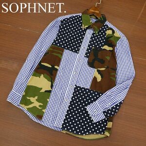 SOPHNET. ソフネット MULTI MIX B.D SHIRT★ パッチワーク カモフラ 迷彩 ドット切替 長袖 チェック シャツ Sz.S　メンズ 　A3T11852_A#C