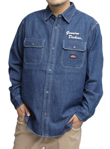 【新品】 2L デニム [GENUINE DICKIES] ワークシャツ メンズ 大きいサイズ ポケット切替 ツイル デニム ヒッコリー 長袖シャツ