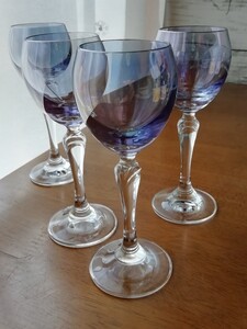 ミニ ワイングラス 4客 オパール ブルー 銀 ハンドメイド 食前酒 シェリー リキュール アンティーク Handmade wine glass Antique 送料込み