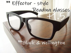 新品　老眼鏡　+1.5　ごつめ　エフェクター風　リーディンググラス　Effector　ウェリントン　男女兼用　黒 ブラック　スクエア