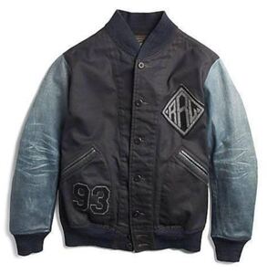 【極美品:限定出品】傑作 RRL インディゴ スタジャン L INDIGO LEATHER SLEEVE VARSITY JACKET 