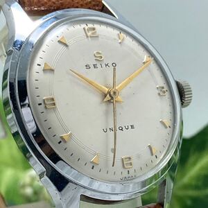 SEIKO UNIQUE セイコー ユニーク 1214 浮きS字 希少品 巻き上げ良好 調整済 新品ベルト メンズ ウォッチ