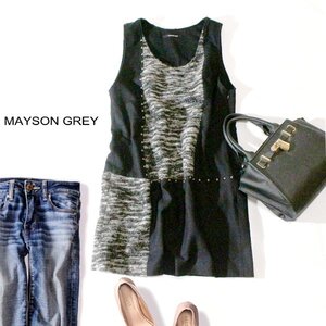 美品 MAYSON GREY メイソングレイ 可愛いスタッズ付き 起毛ニット切替え スーツ生地 チュニック 1号 S 秋 冬 24B01