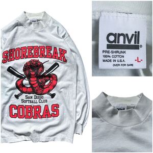 USA製 90’s anvil アンビル ヴィンテージ L/S Tee ロンT モックネック 白 ホワイト Lサイズ 3段 プリント カレッジ シングルステッチ