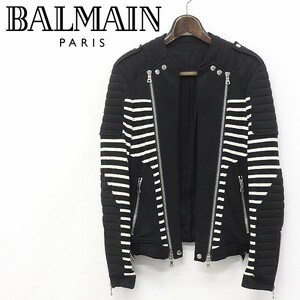 ◆BALMAIN/バルマン ボーダー柄 切替 スウェット バイカー ライダース ジャケット ブラック×オフホワイト XS