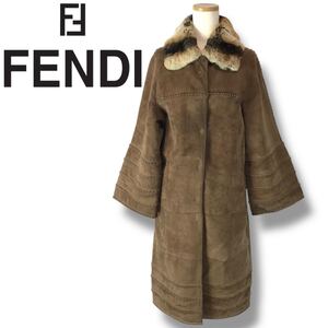 u49 FENDI フェンディ ファー レザー ムートンコート ロングコート アウター ジャケット スタッズ ブラウン 42 イタリア製 正規品 Vintage