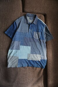 ★パッチワークな生地使い◎インディゴ染めの半袖ポロ シャツ★POLO RALPH LAUREN ポロ ラルフローレン メンズ 即決 藍染め