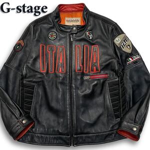 入手困難/L相当◎ ジーステージ 《幻の逸品》G-stage 羊革 レザージャケット ライダース ブルゾン ITALIA ワッペン 国旗 エンブレム 黒