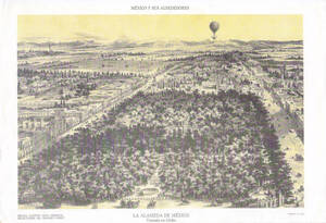 1664　2色プリント 黄　メキシコシティのアラメダ セントラル　俯瞰絵 スペイン語　　