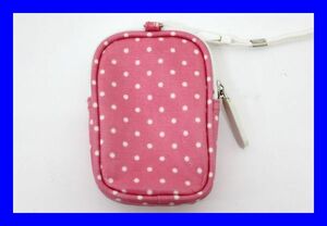 ●美品 キャスキッドソン Cath Kidston 小物ポーチ ポシェット ケース 脱着式ストラップ ピンク 水玉 PVC コットン コスメ Z1855