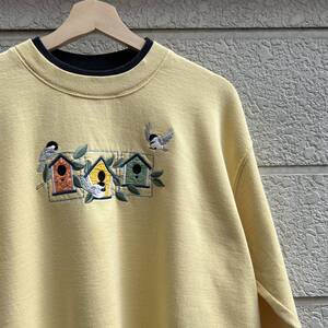 90s 00s USA古着 黄色 デザインスウェット トレーナー ライトイエロー TOP STITCH Morning Sun アメリカ古着 vintage ヴィンテージ XL