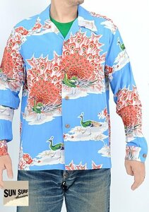 レーヨン長袖アロハシャツ「PIKAKE」◆SUN SURF ブルーXXLサイズ SS29204 サンサーフ 和柄 和風 ハワイアン 孔雀 日本製