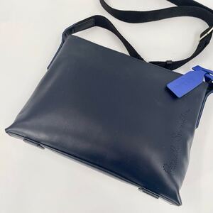 【近年 美品 斜め掛け】Paul Smith ポールスミス ショルダーバッグ サコッシュ パンチング デカロゴ レザー メンズ ビジネス ネイビー 