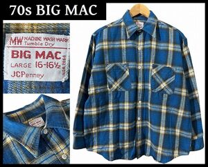 ■ 雰囲気抜群 70s ビンテージ オールド BIG MAC ビッグマック J.C.PENNEY JCPenney JCペニー 長袖 フランネル チェック ネルシャツ 青 L