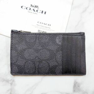 【ほぼ未使用】COACH コーチ ジップ カードケース シグネチャー キャンバス フラグメントケース 小銭入れ C0985 チャコール 黒 鑑定済 