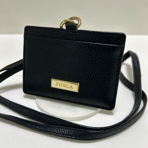 ◆FURLA フルラ　IDケース◆　パスケース　ネームホルダー　ランヤード　本革　ロゴプレート　ブラック 【USED】 1107B