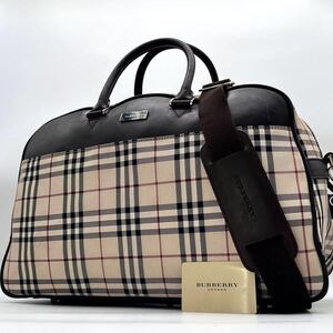 3100【美品】BURBERRY バーバリー ボストンバッグ 旅行鞄 出張 2way 肩掛け ノバチェック ロゴプレート 大容量 キャンバス レザー 本革