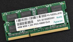 4GB PC3-10600S DDR3-1333 S.O.DIMM 204pin 2Rx8 1.5V Apacer 4G Macbook Pro iMac (DDR3) HM57/55 PM57/55チップセット対応 (管:SB0475