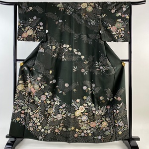 訪問着 身丈163.5cm 裄丈64cm M 袷 辻が花柄 金銀彩 深緑 正絹 秀品 【中古】