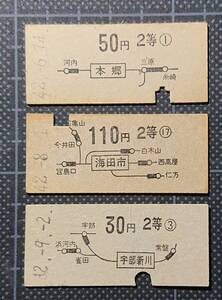 ◇ 国鉄時代の硬券【地図式 乗車券（本郷、海田市、宇部新川）】３枚 ◇