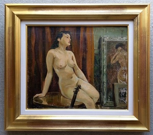 古い油絵　サイン白山とキャンバスにあり　「アトリエの裸婦」 油彩 8号 　額装　真作