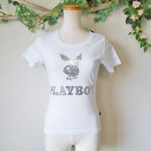 新品 タグ付き プレイボーイ PLAYBOY レディース 用 シルバー プリント 半袖 Ｔシャツ M