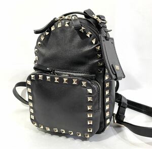 【美品】 正規品 バレンティノ VALENTINO ミニ リュック ロックスタッズ バックパック 黒 ブラック 革 レザー シルバー金具 カバン 鞄