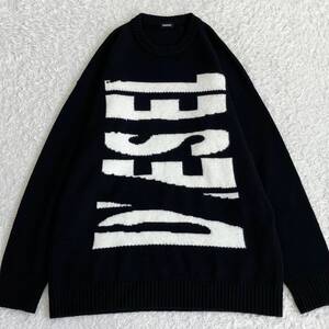 超希少XL◎!極美品◎!ディーゼル DIESEL ニット セーター ウール ストレッチ 伸縮 厚手 ビッグロゴ イタリア製 メンズ ブラック 黒 白 LL