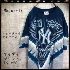 MAJESTIC NY ヤンキース プリントＴシャツ 紺灰 半袖 古着 4417