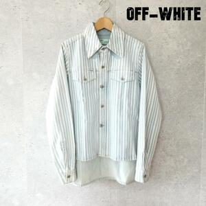 美品 Off-White オフホワイト サイズ40 ストライプ柄 バックプリント 長袖 デニムジャケット デニムシャツ ライトブルー×オフホワイト