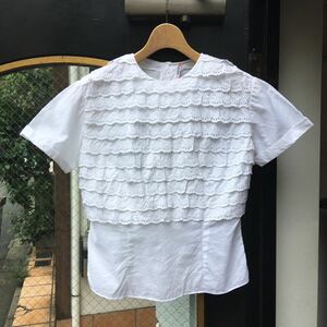 ヨーロッパ古着60sブラウス　コットンフリルブラウス　半袖　白　ブラウス　blouse shirtLV727