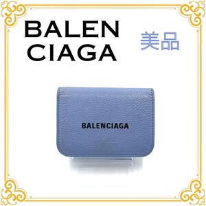 BALENCIAGA バレンシアガ 593813 ロゴ コンパクトウォレット レディース メンズ 三つ折り財布 ブルー 美品 特価 財布 小物 ブランド 水色