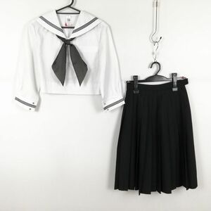 1円 セーラー服 スカート スカーフ 上下3点セット 中間服 黒3本線 女子 学生服 中学 高校 白 制服 中古 ランクC EY0496