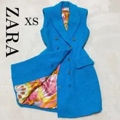 極美品✨ZARA ロングベスト ジレ XS ブルー ツイード 総柄裏地