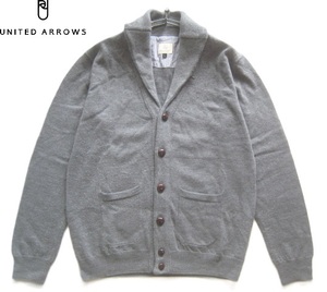 美品!!ユナイテッドアローズ UNITED ARROWS*くるみボタン ショールネックウールニットカーディガン L グレー 灰色