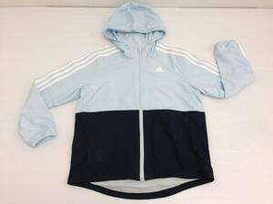 【再値下げ！即決！】★adidas/アディダス★子供服 ウィンドジャケット パーカー　裏起毛　ツートンカラー　水色/紺 白スリーライン　160㎝