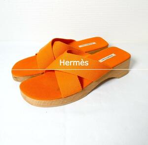 美品 HERMES エルメス サイズ38 約24㎝ フールトゥ ウッドソール クロスストラップ サンダル ミュール オレンジ