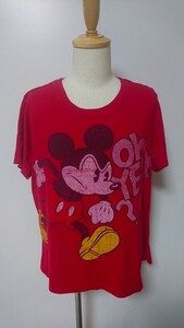 ☆DISNEY ミッキー キャラクター Tシャツ デカプリント 半袖 レッド レディース【2XL】古着　　　　　　◆8652◆