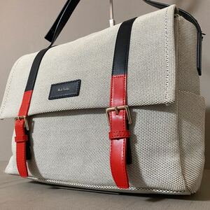 【美品/極希少】Paul Smith ポールスミス カラードチップ メッセンジャーバッグ ショルダー メンズ ビジネス A4 キャンバス レザー グレー