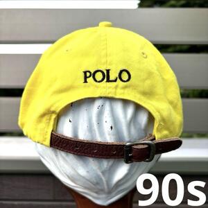 希少 レアカラー 蛍光 黄色 ネオンイエロー 90s 台湾製 美品 POLO ラルフローレン レザーストラップ 古着 帽子 オールド ビンテージ 90年代