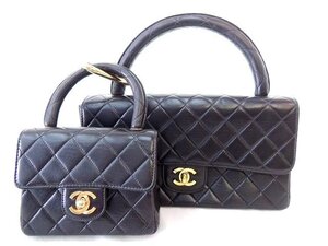 美品 シャネル 親子バッグ ☆ ブラック ラムスキン ワンハンドル ▼ 黒 ココマーク マトラッセ CHANEL レディース 2個セット 5C6DS