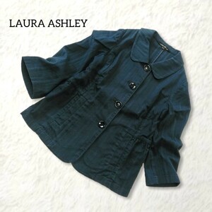 330 【LAURA ASHLEY】 ローラアシュレイ ジャケット ブルゾン アウター 7号 Sサイズ ネイビー ストライプ模様 丸襟 無地 春 秋 レディース