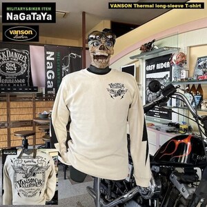 VANSON バンソン NVLT2307 ホイールウィング ロゴプリント サーマル 長袖Tシャツ ナチュラル Mサイズ メンズ バイカーウェア