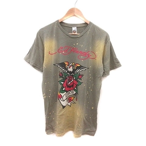 エドハーディー Ed Hardy Tシャツ カットソー クルーネック プリント ペイント加工 半袖 L マルチカラー /MS メンズ