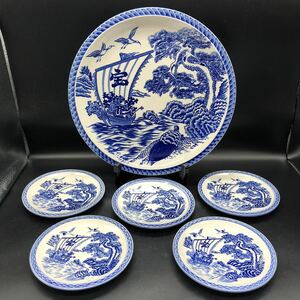 萬古焼　大皿1枚＆小皿5枚セット　プレート　絵皿　陶磁器　食器　銘々皿　W14