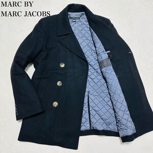 希少XL!高級 MARC JACOBS マークジェイコブス カシミヤ メルトン ピーコート 裏地 キルティング 肉厚 ウール 秋冬 メンズ 黒 ブラック