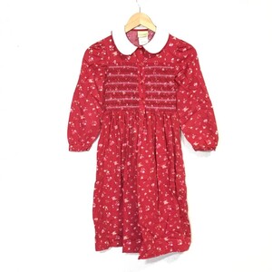 h819dL LAURA ASHLEY ローラアシュレイ Mother&Child サイズ130cm位 長袖ワンピース 花柄 レッド 赤 子供服 キッズ Made in the UK 