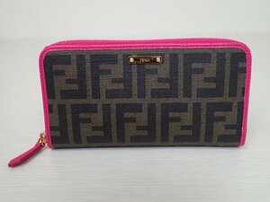 FENDI/フェンディ☆ズッカ柄 ラウンドファスナー長財布 8M0299 PVC×レザー ブラウン フューシャ ピンク 未使用品