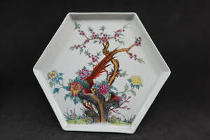 中國 時代物 粉彩花鳥文六角茶盤 